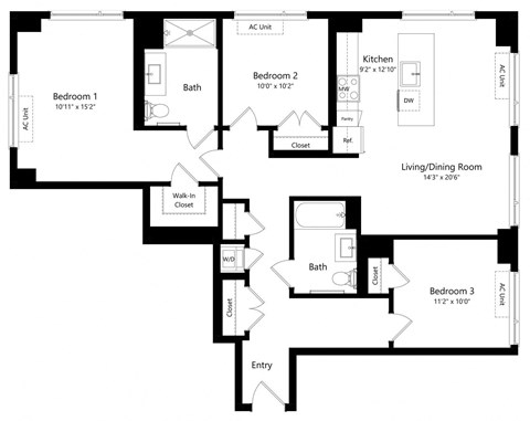 Three Bedroom Floor Plan at One East Harlem Luxury Apartments in East Harlem NY